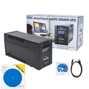 SilverCloud SafePC 650AVR UPS-paket, 360 W ström och Sticky Pad Blue ingår