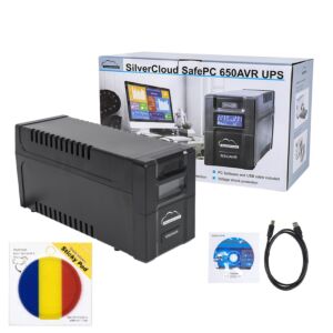 SilverCloud SafePC 650AVR UPS-paket, 360 W ström och självhäftande flagga ingår