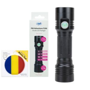 Paket PNI Adventure F200 dubbel LED aluminiumficklampa, 4000mAh batteri och flaggstickpad ingår