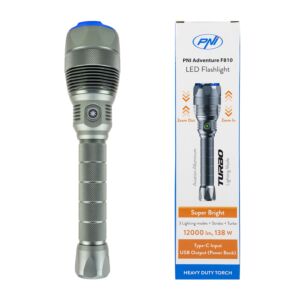 PNI Adventure F810 ficklampa med 138 W LED, 3 ljusnivåer plus Turbo, 12000 lumen, zoom, upp till 250 m, batteri