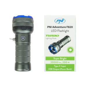Ficklampa PNI Adventure F820 200 W, 3 ljusnivåer plus Turbo, 20000 lumen, upp till 350 m, 2600 mAh batteri, I