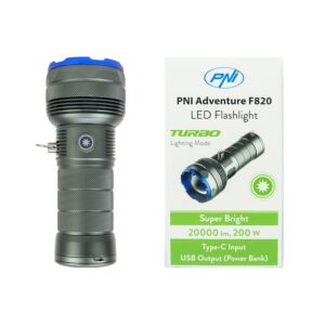 Ficklampa PNI Adventure F820 200 W, 3 ljusnivåer plus Turbo, 20000 lumen, upp till 350 m, 2600 mAh batteri, I