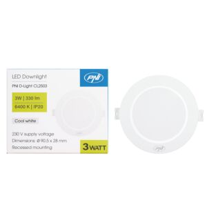 LED spotlight PNI D-Light CL2503 3W, infälld, rund, 90,5*28mm, 6400K, 230V strömförsörjning, 330 lm, vit