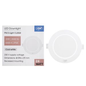 LED spotlight PNI D-Light CL2524 24W, infälld, rund, 296*29,1mm, 6400K, 230V strömförsörjning, 2640 lm, vit