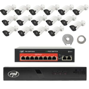 Videoövervakningspaket med 16 kameror, switch och kablar