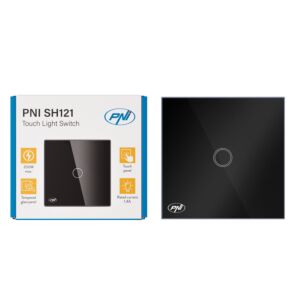 Enkel strömbrytare med touch PNI SH121, gjord av glas, svart, med LED-indikator, 10A 200W