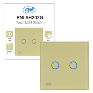 Dubbelbrytare med touch PNI SH202G av glas, guld med LED-indikator, guldfärg