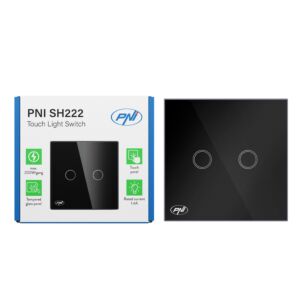 PNI SH222 dubbel pekströmbrytare i glas, svart med LED-indikator, 10A, 2X200W