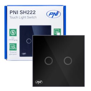 PNI SH222 dubbel pekströmbrytare i glas, svart med LED-indikator, 10A, 2X200W