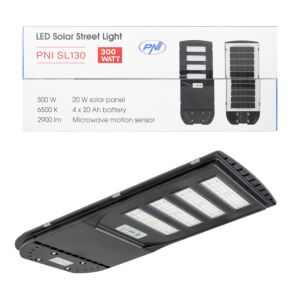PNI SL130 20W gatubelysningslampa, med inbyggd 20W solpanel, 6500K, 2900lm, 4 x inbyggt 20Ah batteri, s
