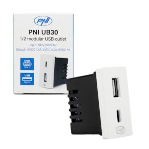 Strömuttag 2 x USB PNI UB30, USB-A USB-C, 12V/9V/5V, max. 20W, modulär, typ F 1/2, infälld montering