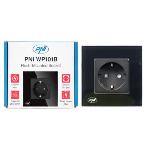 Enkelt inbyggt uttag PNI WP101B, med glasram, 16A, 3700W, 230V, svart