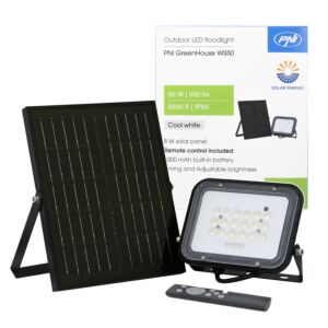 PNI GreenHouse WS50 50W LED-spotlight med solpanel, 6000mAh batteri, fjärrkontroll, timing och justerbar ljusstyrka,