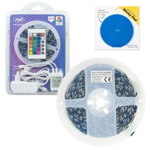 PNI 5050RGB LED-remsapaket 300 lysdioder, RGB, dimbar, ljuseffekter, 5 meter, IP20 och självhäftande pad blå ingår