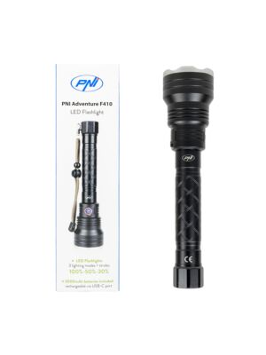 PNI Adventure F410 aluminium ficklampa, med 10W LED, 700 lumen, upp till 250 m, IP44, USB Typ C, 3000mAh batterier i