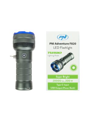 Ficklampa PNI Adventure F820 200 W, 3 ljusnivåer plus Turbo, 20000 lumen, upp till 350 m, 2600 mAh batteri, I