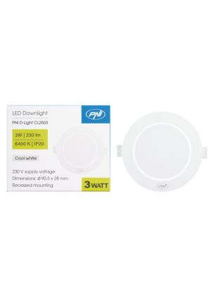 LED spotlight PNI D-Light CL2503 3W, infälld, rund, 90,5*28mm, 6400K, 230V strömförsörjning, 330 lm, vit