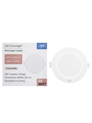 LED spotlight PNI D-Light CL2524 24W, infälld, rund, 296*29,1mm, 6400K, 230V strömförsörjning, 2640 lm, vit