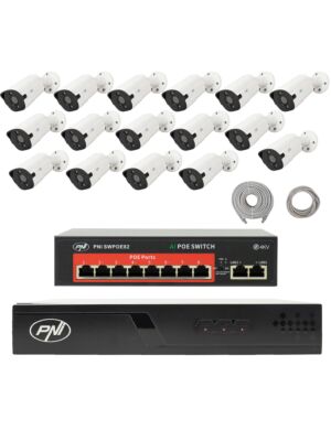 Videoövervakningspaket med 16 kameror, switch och kablar