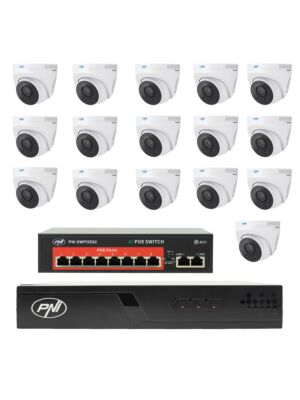 Videoövervakningspaket med 16 kameror, switch och kablar