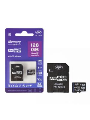 MicroSD PNI 128GB minneskort med SD-adapter, Klass 10, 80 Mb/s, V30