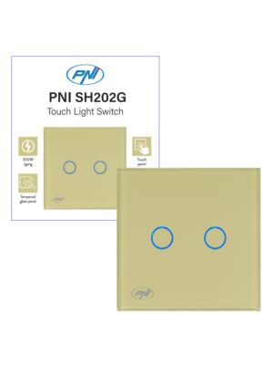 Dubbelbrytare med touch PNI SH202G av glas, guld med LED-indikator, guldfärg