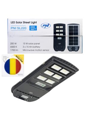 Paket PNI SL220 200W gatlykta med inbyggd solpanel + present-sticky pad-flagga