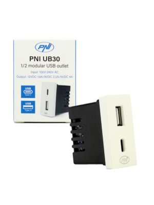 Strömuttag 2 x USB PNI UB30, USB-A USB-C, 12V/9V/5V, max. 20W, modulär, typ F 1/2, infälld montering