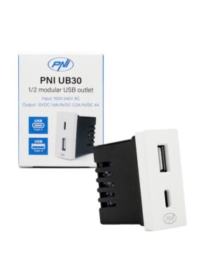 Strömuttag 2 x USB PNI UB30, USB-A USB-C, 12V/9V/5V, max. 20W, modulär, typ F 1/2, infälld montering